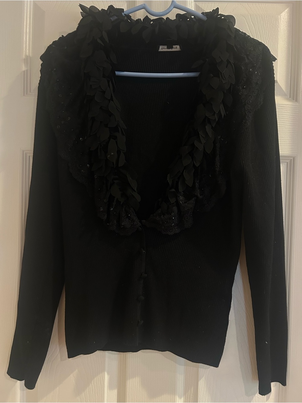 Samuel Dong Women's Black Embellished Collar Cardigan Sweater